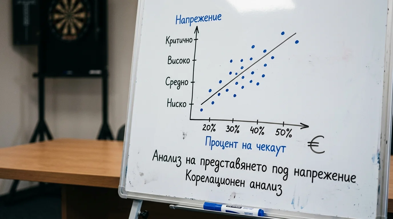 Корелация между натиск и checkout% при дартс