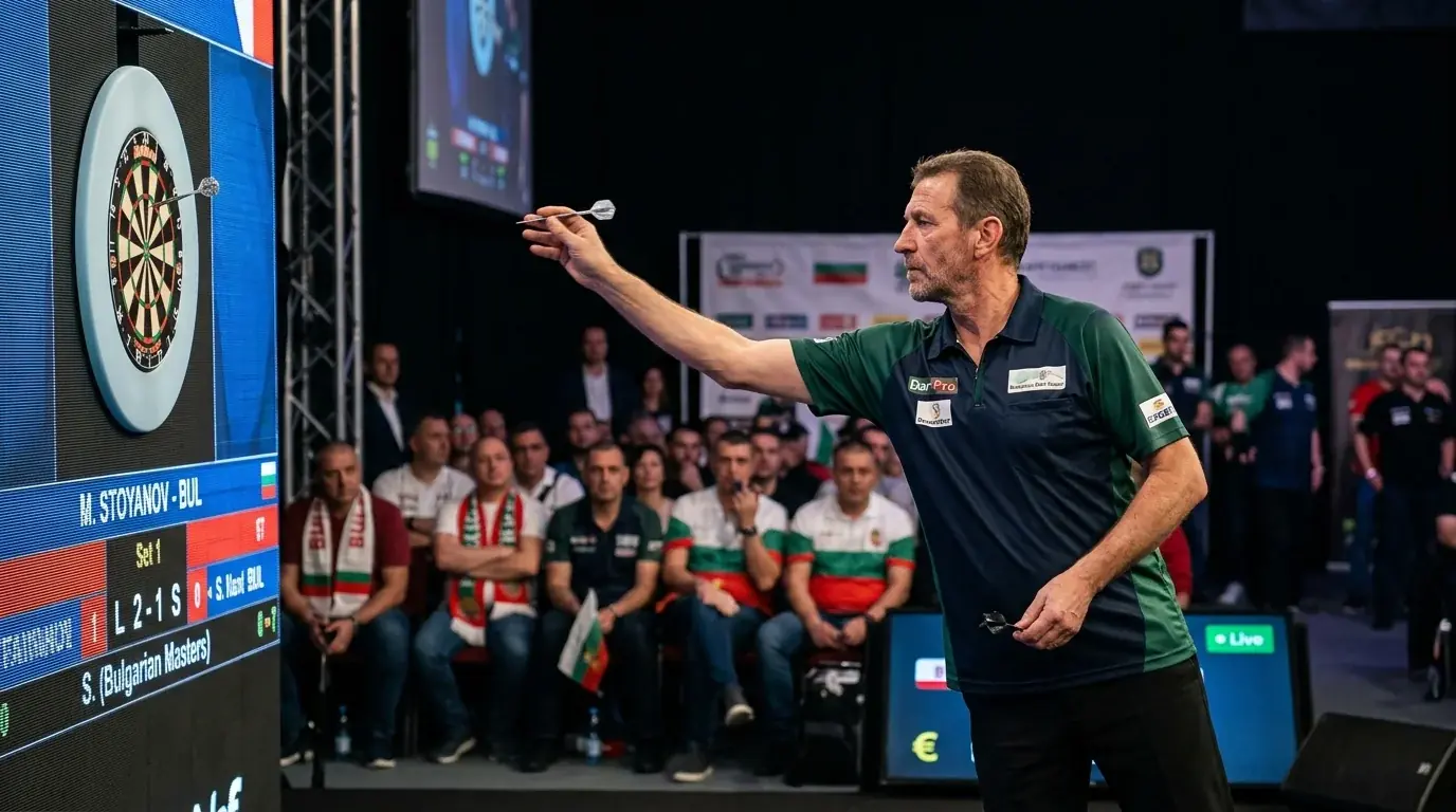 Опитен PDC дартс играч в концентрация на oche